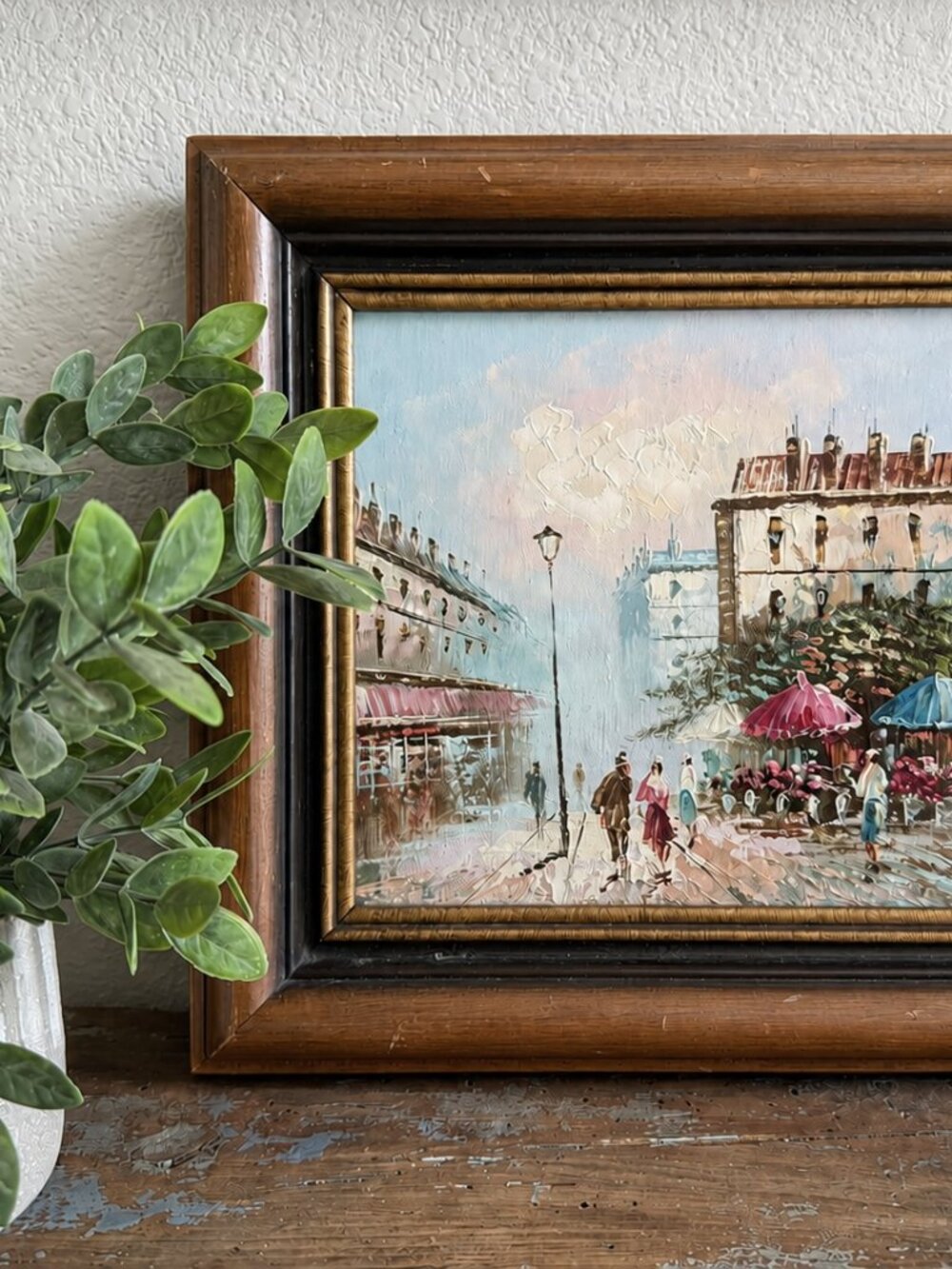 Vintage Framed Paris Street Scene Oil Painting | Textured Impasto Floral Market